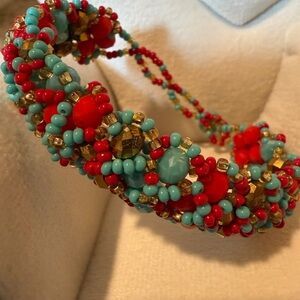 Elevated Southwest Style Turquoise, Red & Gold Tone Beaded Bracelet